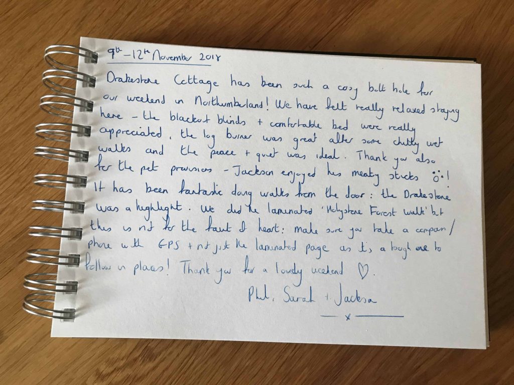 karen's cottages - drake stone cottage customer guestbook review - dog friendly self catering holiday cottage accommodation in Northumberland